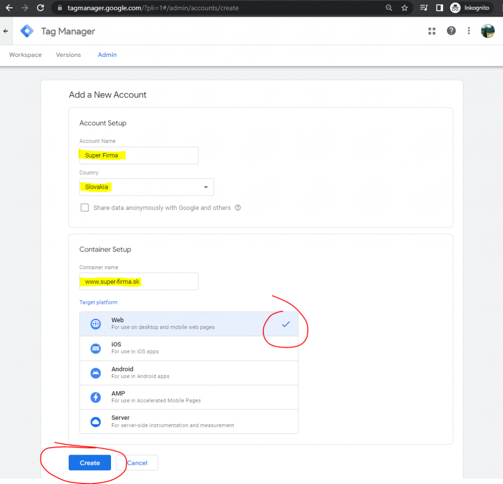  Nastavenie základných parametrov účtu Google Tag Manager 